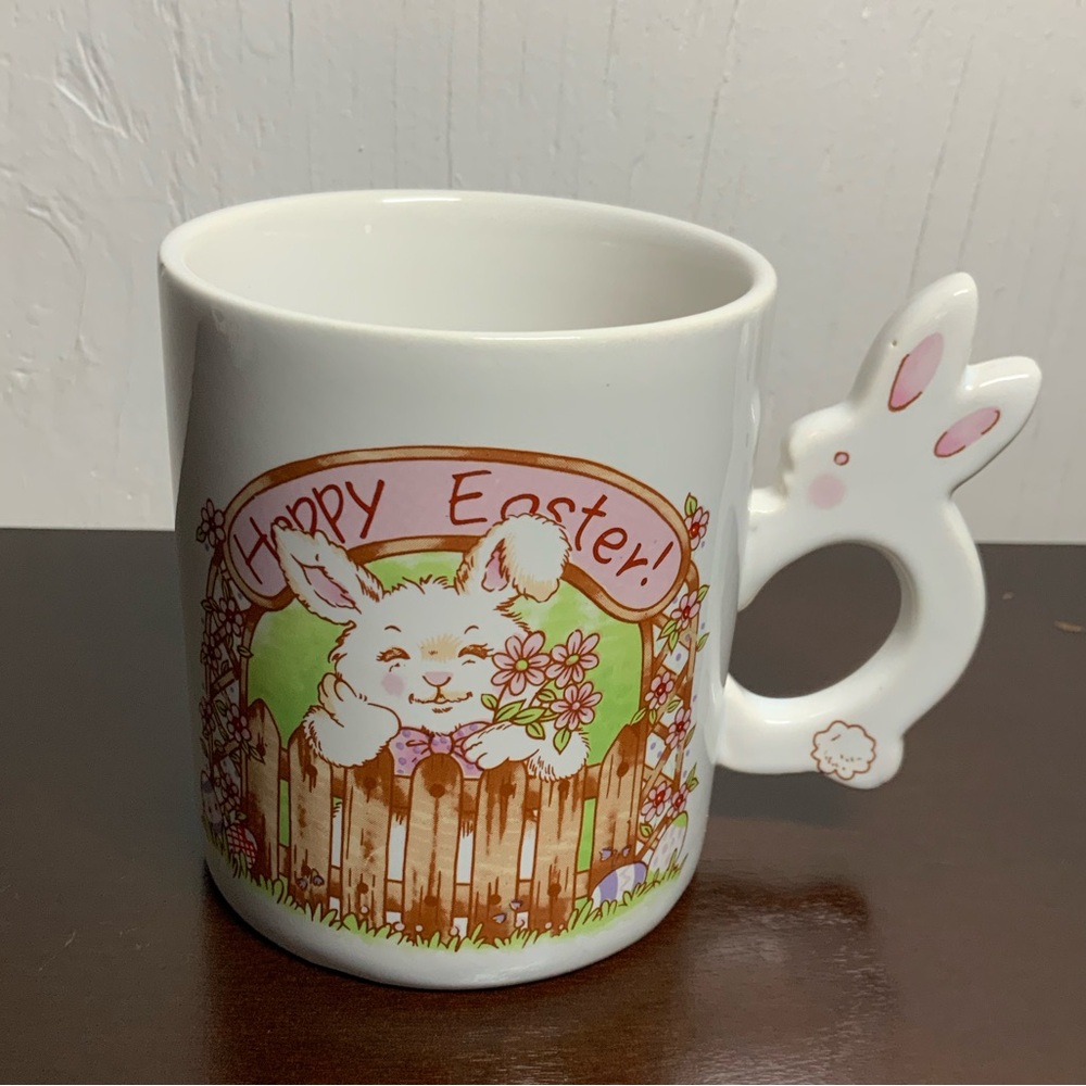 Vintage Taiwan Happy Easter White Bunny Handle Mug Floral Rabbit Cottagecore - Picture 1 of 7